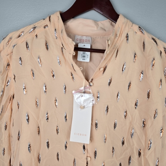 CIEBON Farah Top Button-up Slight Crop Peach Metallic All Over Print Women Sz S‎ - Picture 2 of 12